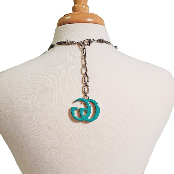 GUCCI NECKLACE MARMONT FLOWER TURQUOISE HORNS STERLING SILVER - Picture 5 of 13